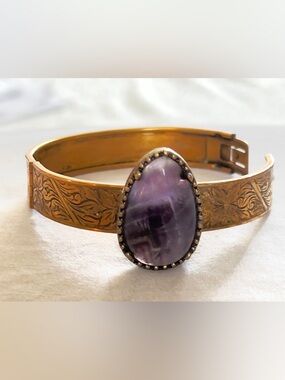 Vintage Chevron Amethyst Hinged Bangle Etched Floral Gold Tone